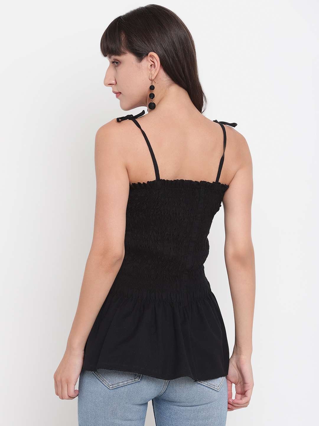 Women's Rayon Solid Casual Summer Style Tie Shoulder Straps Free Size Tank Top (Black)